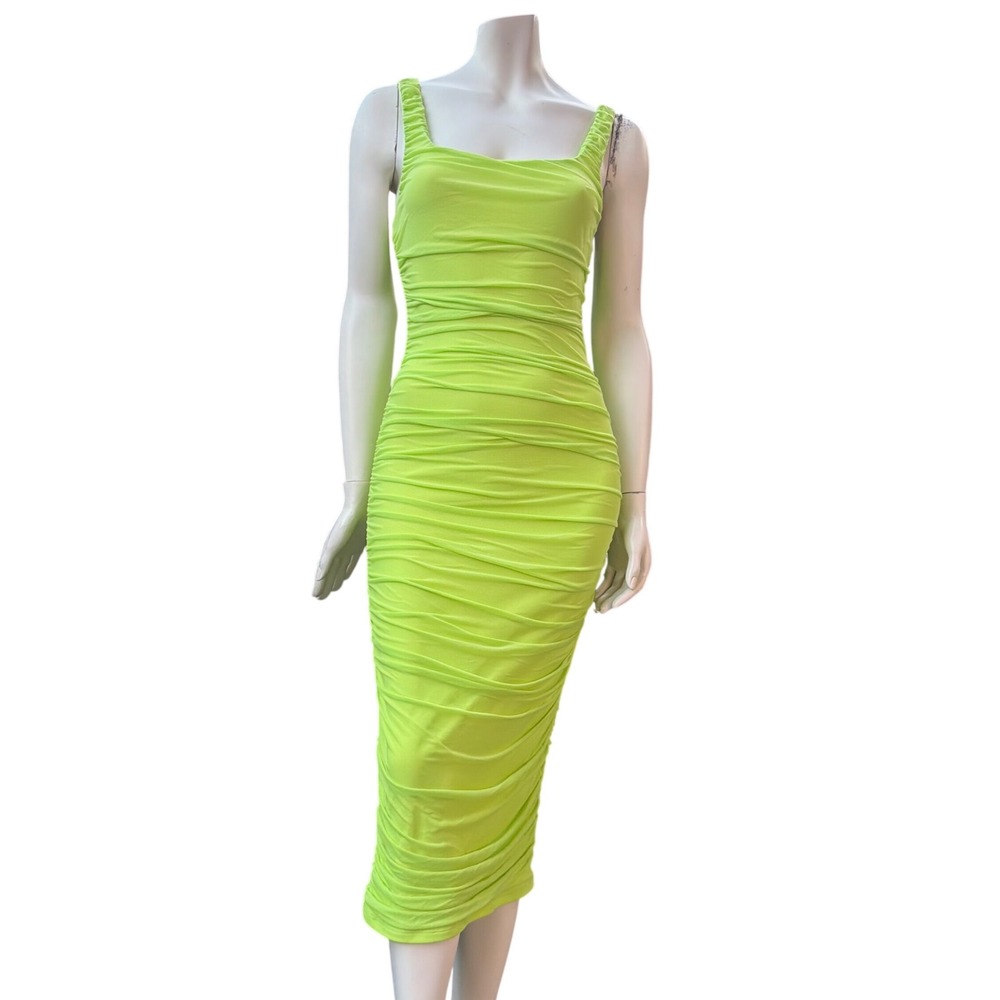 Ruched Mesh Midi Dress Neon Lime Green Rave Y2K Bodycon S